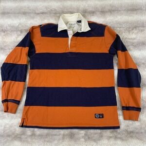 IZOD Shirt Mens Large Rugby Polo Long Sleeve Orange Navy Stripe Retro Varsity